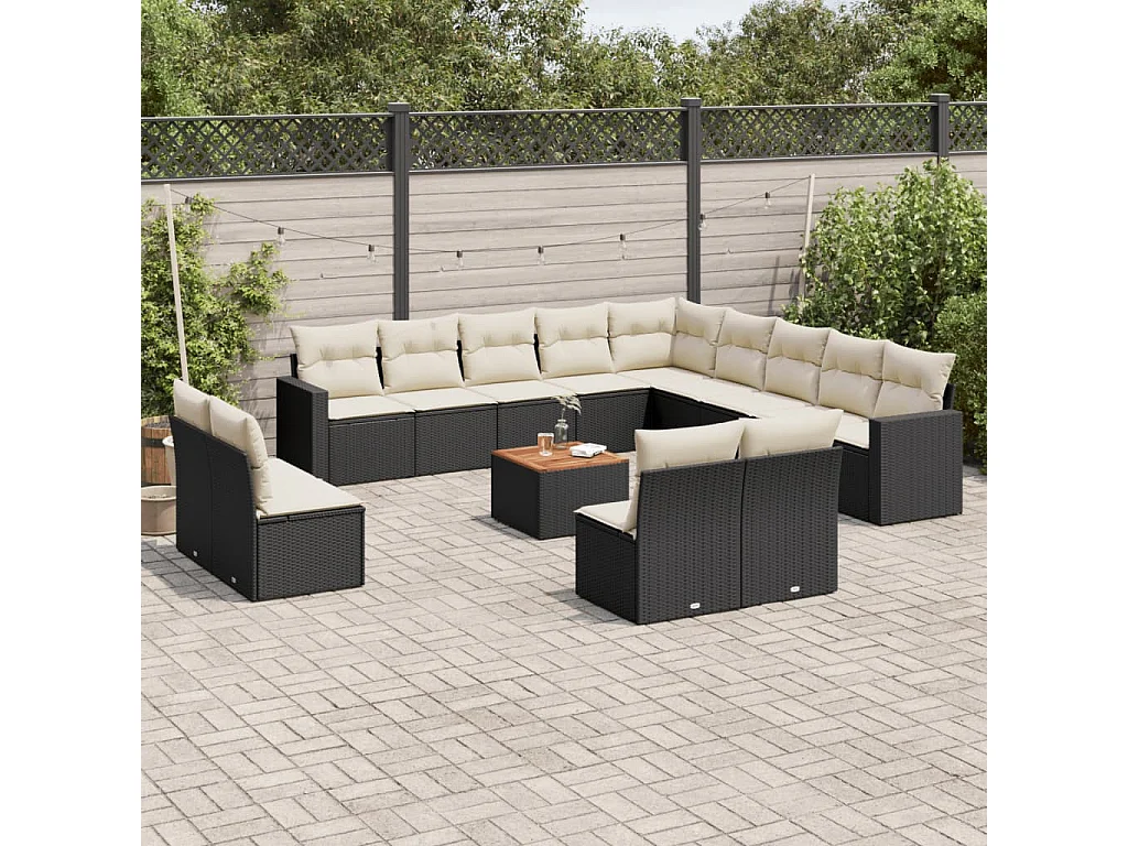 Móveis de jardim com almofadas 14 unidades de resina tecida preta