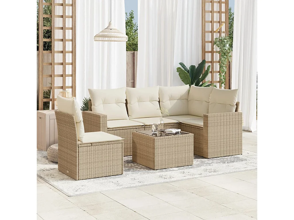 Mobile da giardino con cuscini 6 pz in resina intrecciata beige