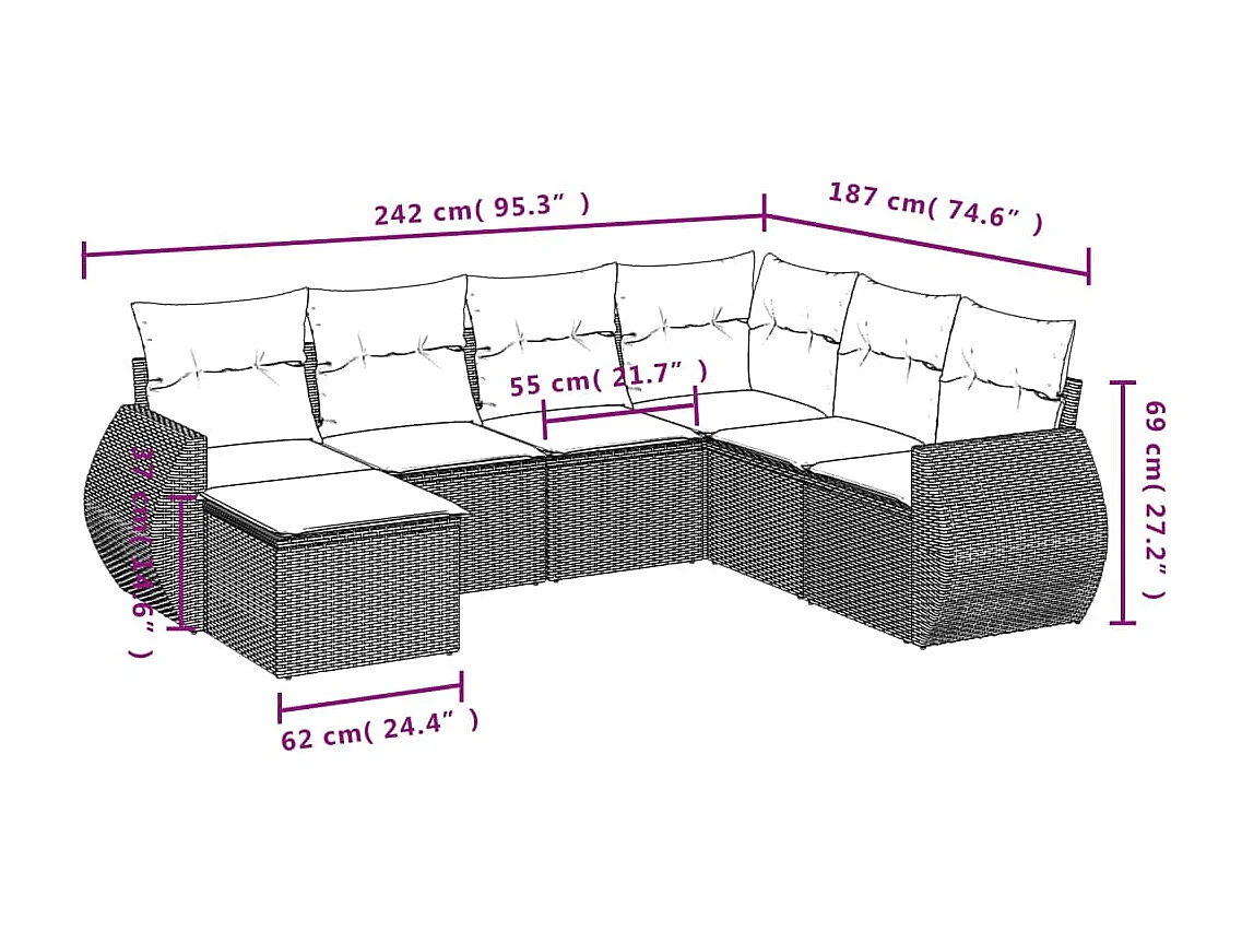 Salon de jardin 7 pcs avec coussins noir résine tressée