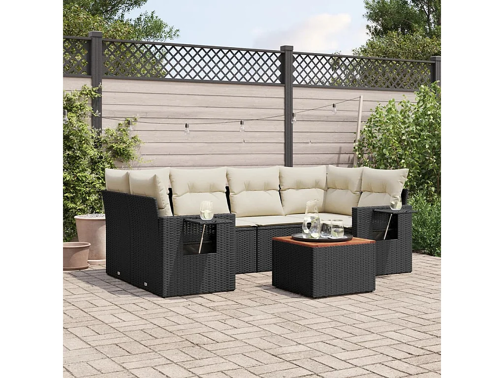 Salon de jardin 7 pcs avec coussins noir résine tressée