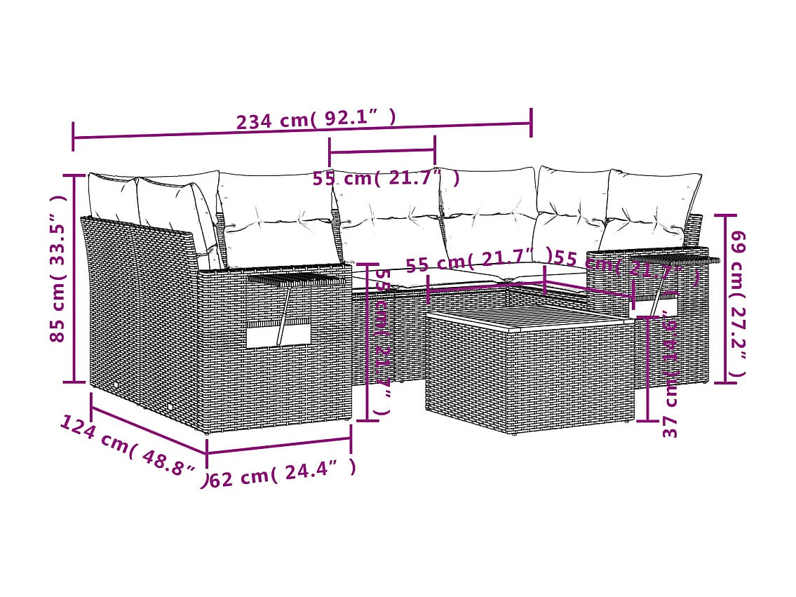 Salon de jardin 7 pcs avec coussins noir résine tressée