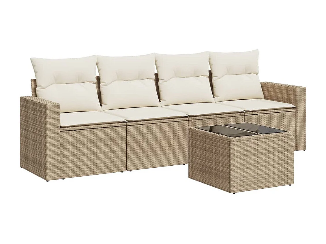 Mobile da giardino con cuscini 5 pz in resina intrecciata beige