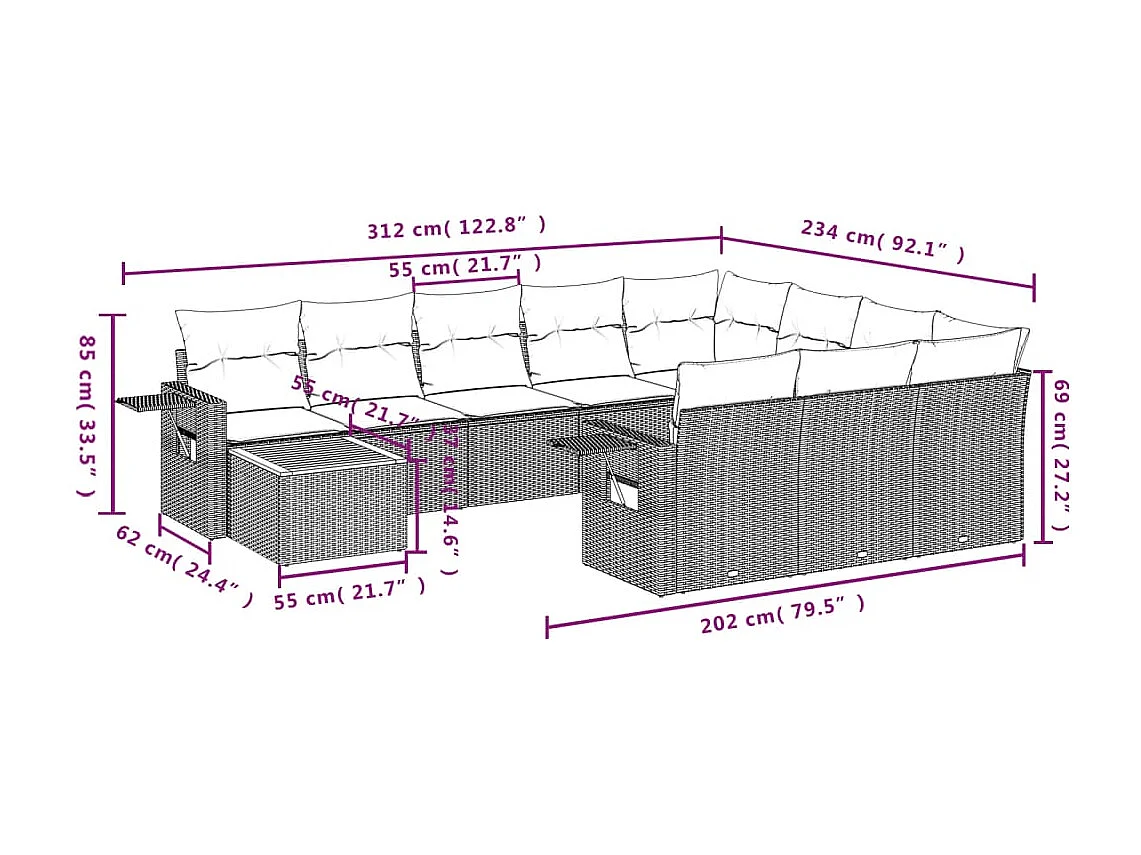 11 muebles de jardín con cojines de resina tejida en color beige.