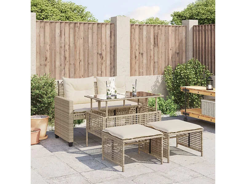 Salon de jardin avec coussins 4 pcs beige résine tressée verre