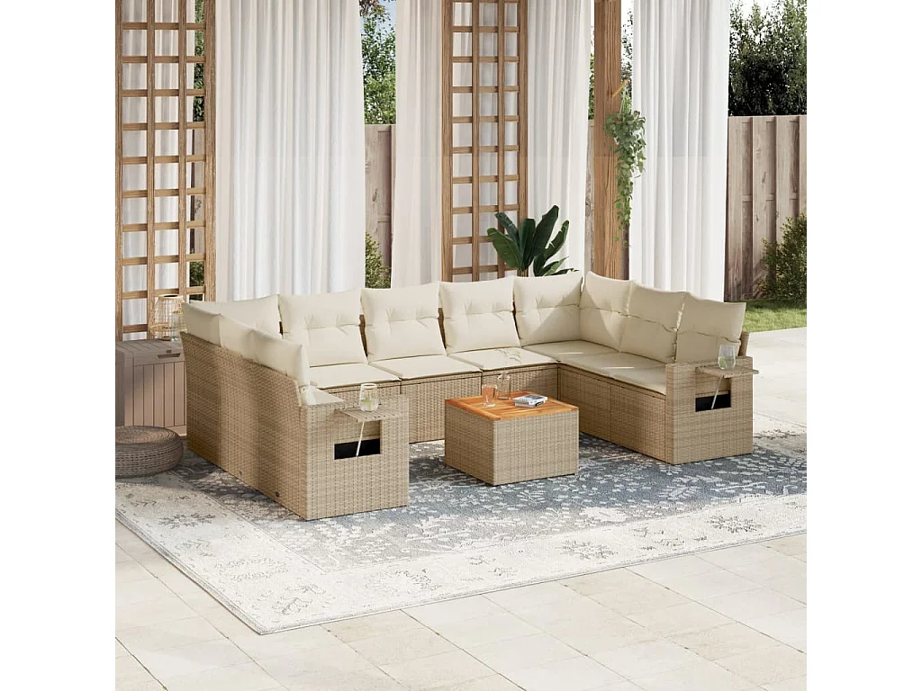 Salon de jardin avec coussins 10 pcs beige résine tressée