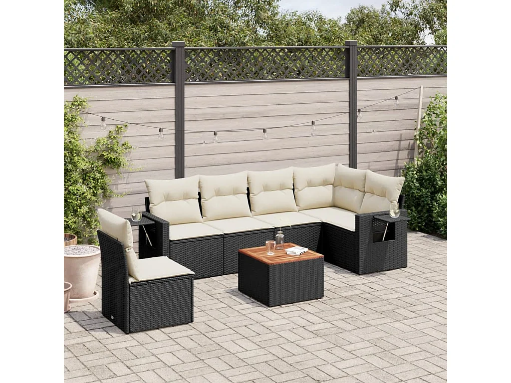 Salon de jardin 7 pcs avec coussins noir résine tressée