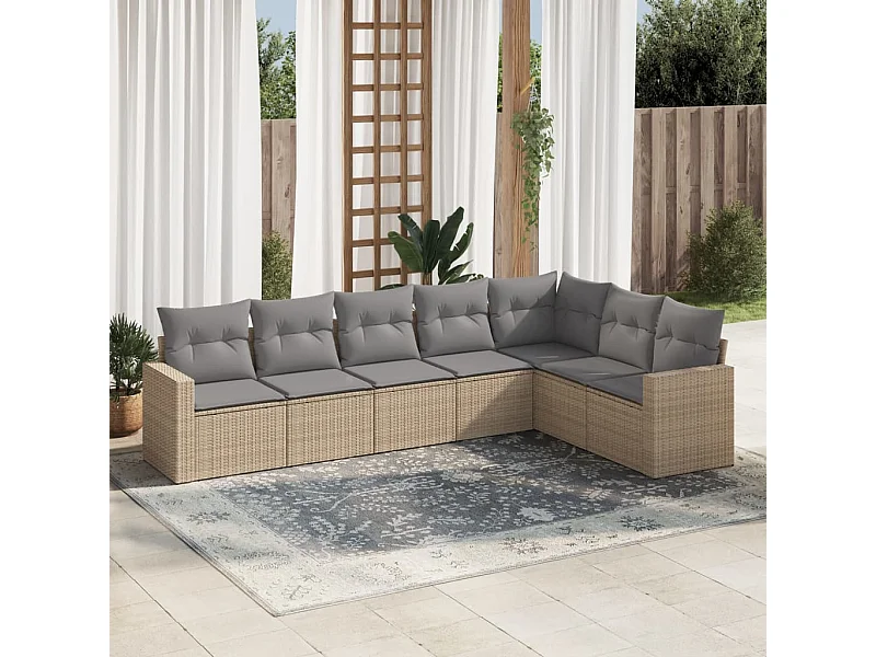 Salon de jardin avec coussins 7 pcs beige résine tressée