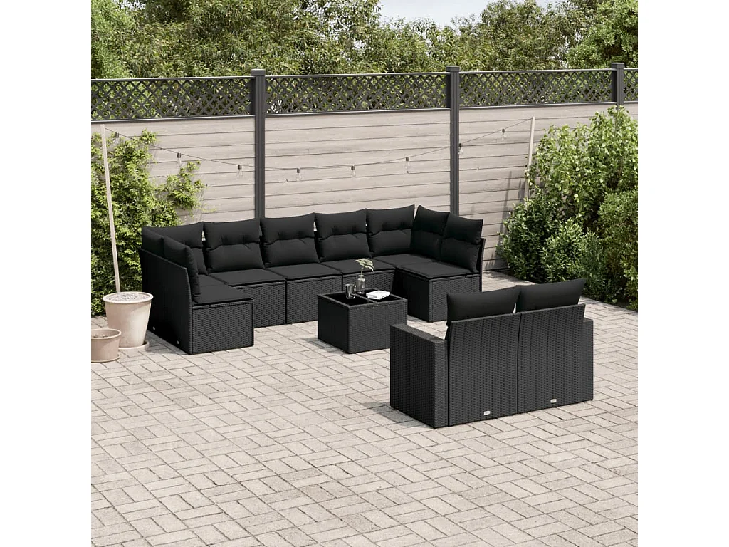 Muebles de jardín 10 piezas con cojines de resina tejida negra.