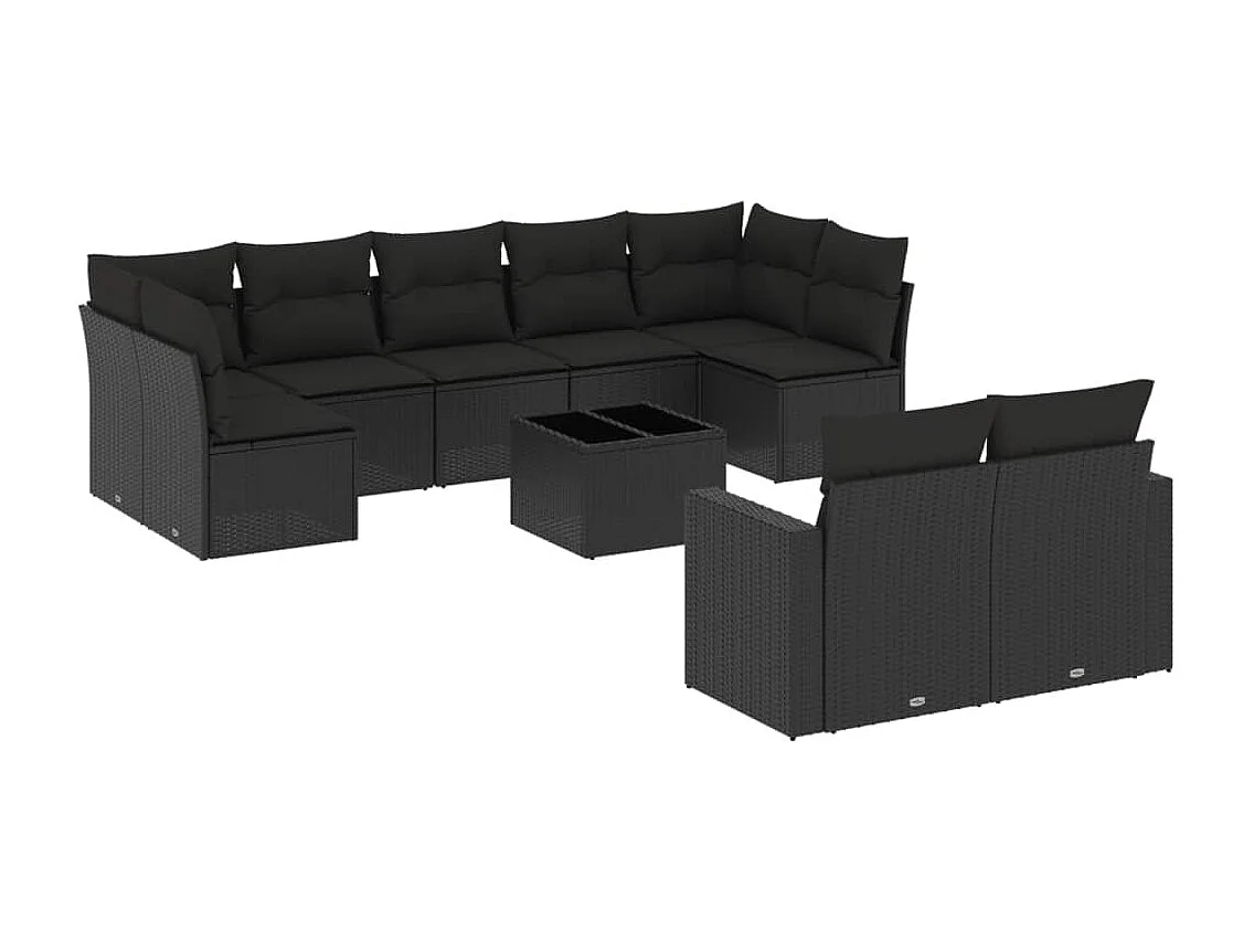 Muebles de jardín 10 piezas con cojines de resina tejida negra.
