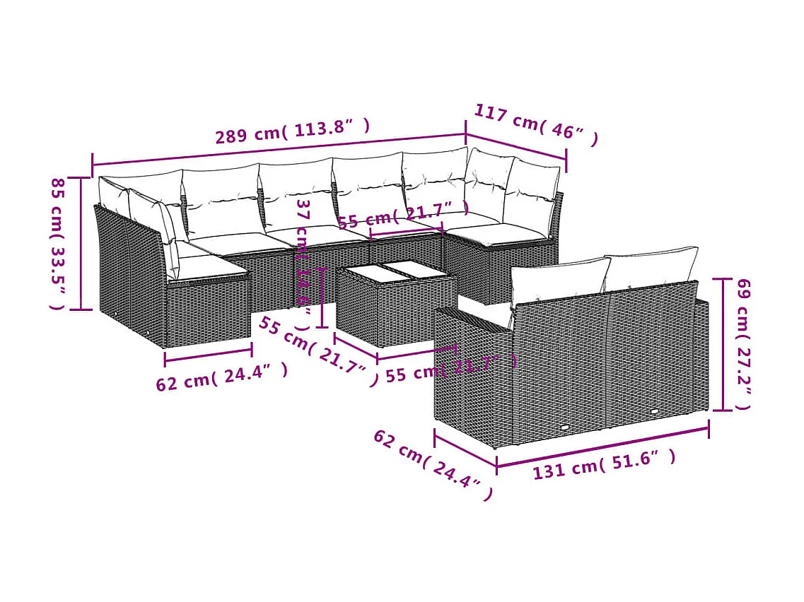 Muebles de jardín 10 piezas con cojines de resina tejida negra.
