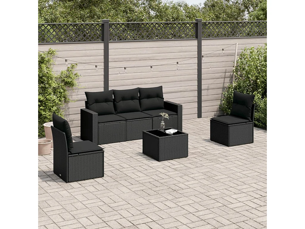 Salon de jardin 6 pcs avec coussins noir résine tressée