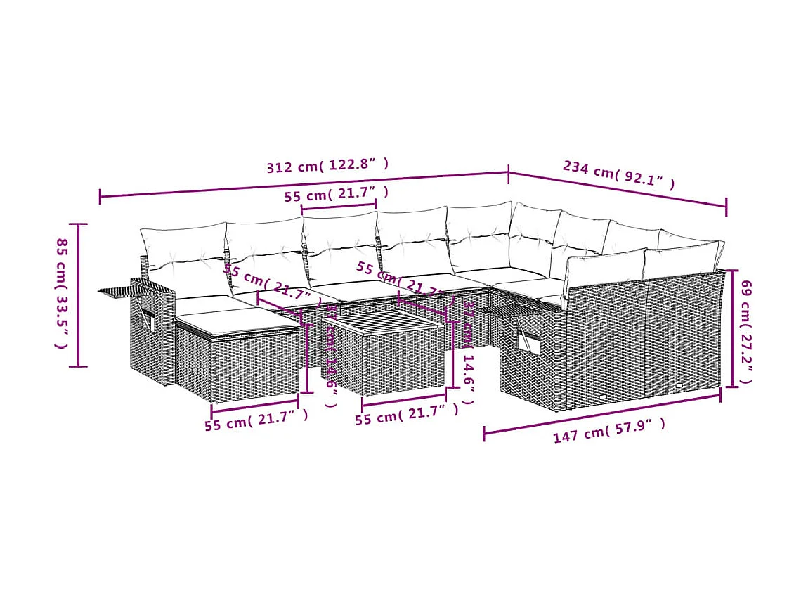 11 Stück Gartenmöbel mit schwarzen geflochtenen Harzkissen