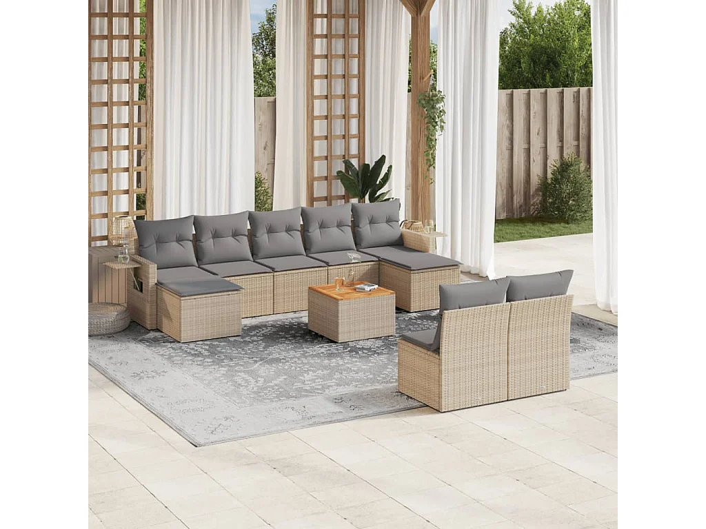 Salon de jardin avec coussins 10 pcs beige résine tressée