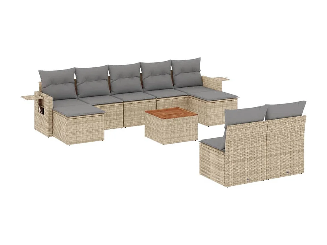 Salon de jardin avec coussins 10 pcs beige résine tressée