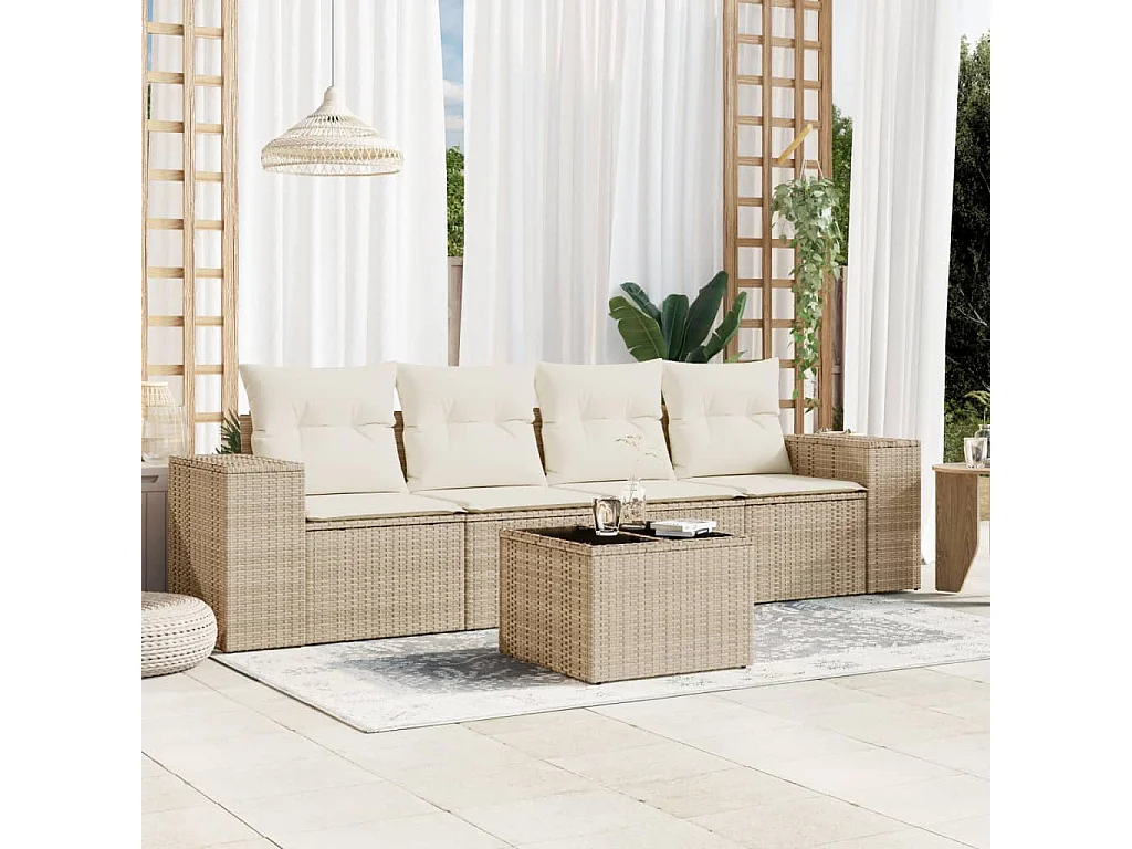 Salon de jardin avec coussins 5 pcs beige résine tressée