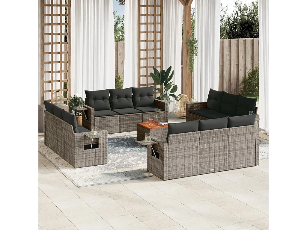 Salon de jardin avec coussins 13 pcs gris résine tressée