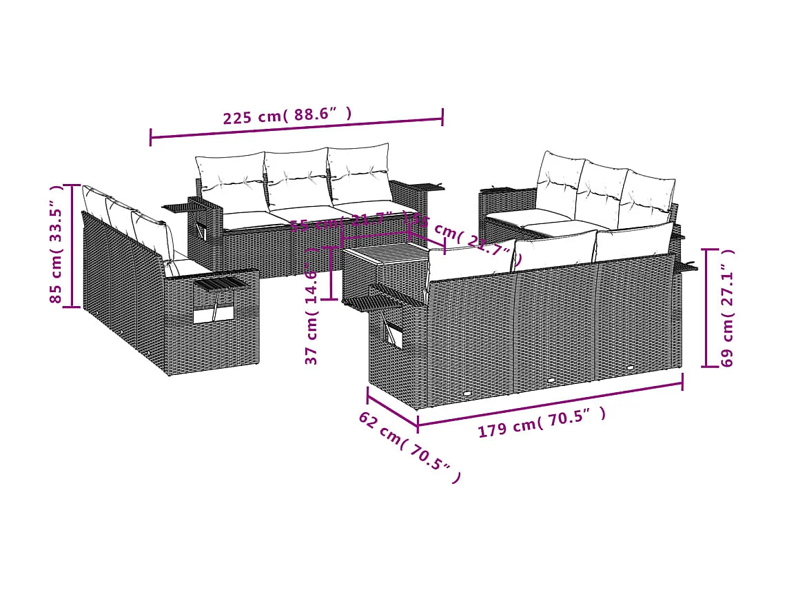 Salon de jardin avec coussins 13 pcs gris résine tressée