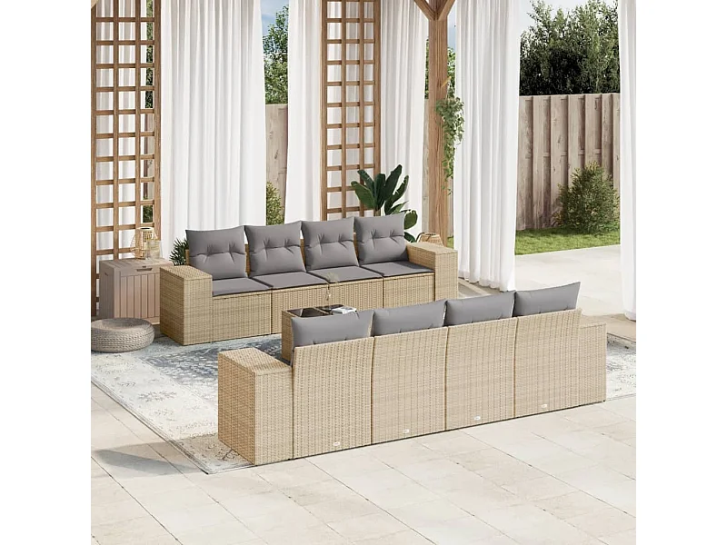 Mobile da giardino con cuscini 9 pz in resina intrecciata beige