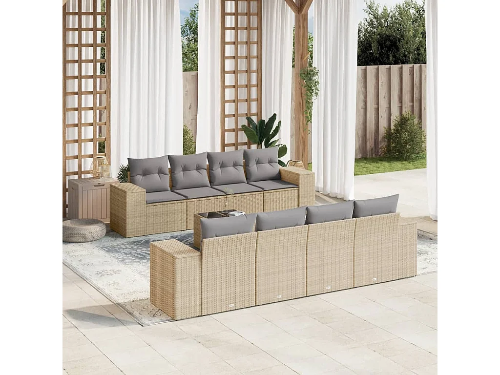 Mobile da giardino con cuscini 9 pz in resina intrecciata beige