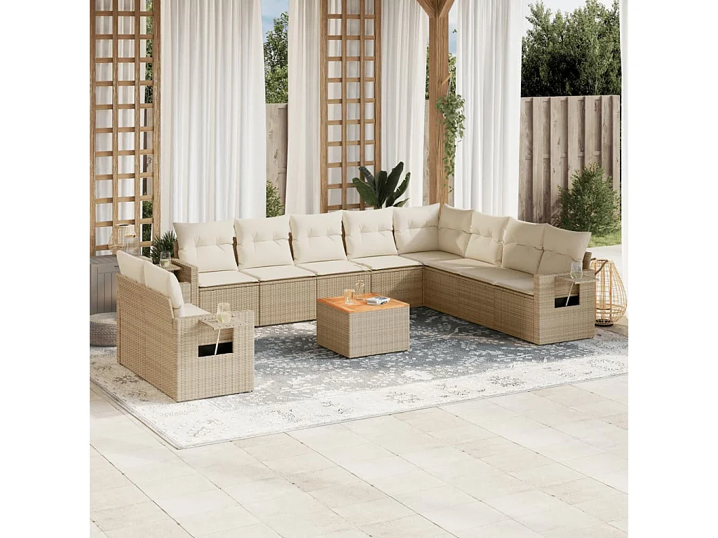 Salon de jardin 11 pcs avec coussins beige résine tressée