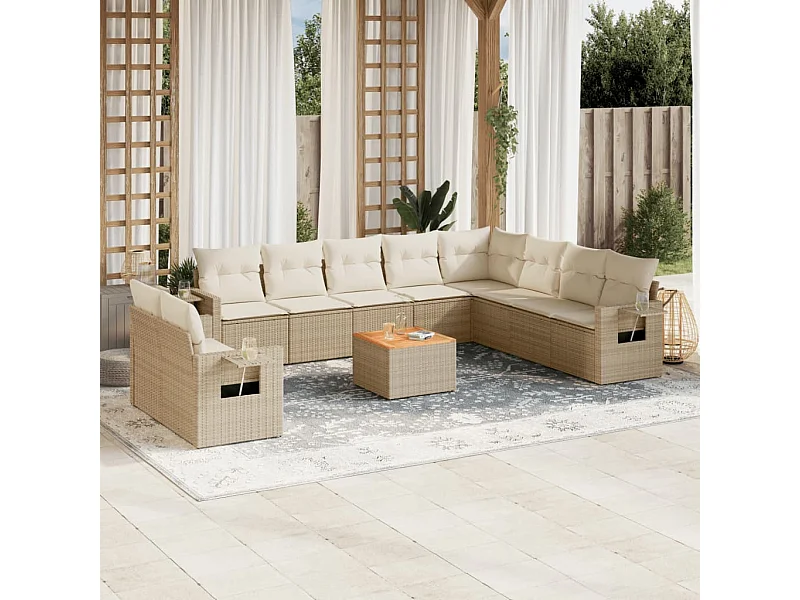 Salon de jardin 11 pcs avec coussins beige résine tressée