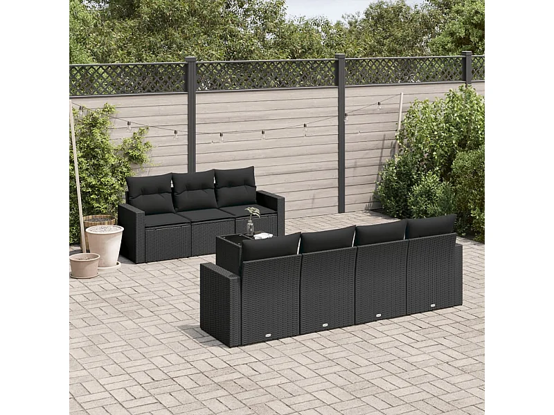 Salon de jardin 8 pcs avec coussins noir résine tressée