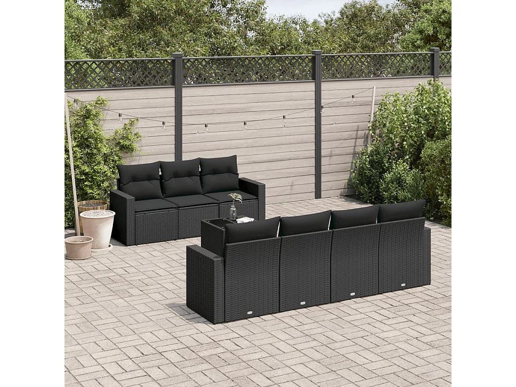 Salon de jardin 8 pcs avec coussins noir résine tressée