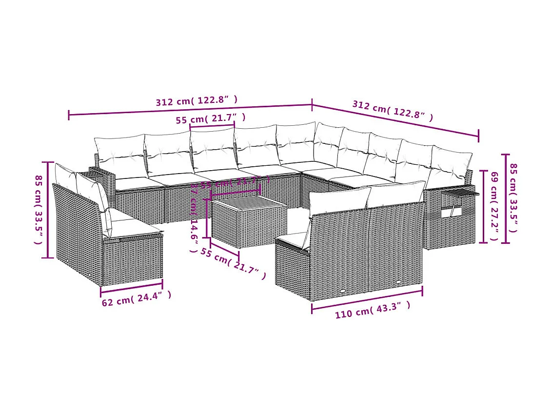 Móveis de jardim com almofadas 14 unidades de resina tecida preta