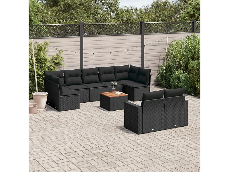 Salon de jardin 10 pcs avec coussins noir résine tressée