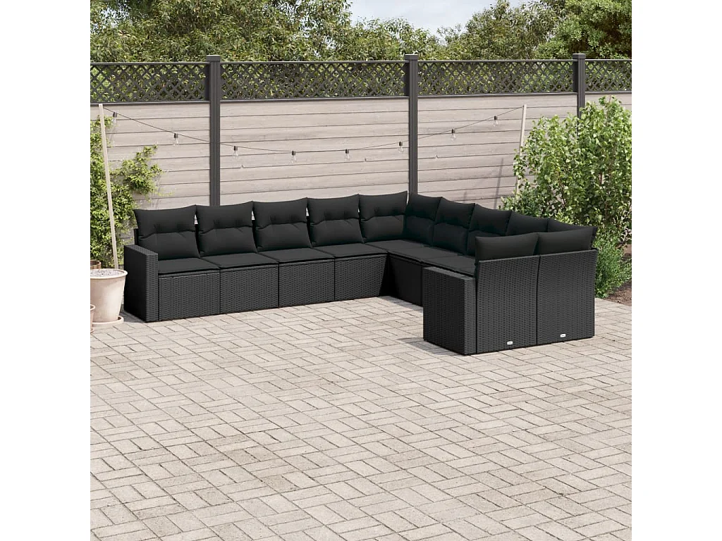 Muebles de jardín 10 piezas con cojines de resina tejida negra.