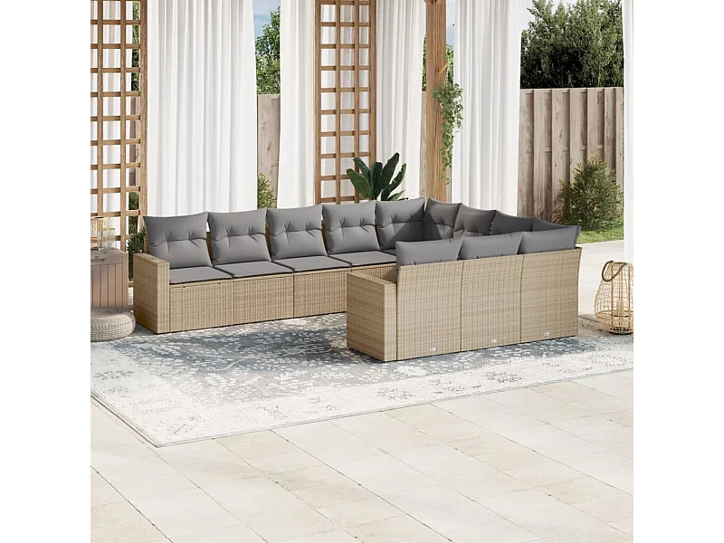 Salon de jardin avec coussins 10 pcs beige résine tressée