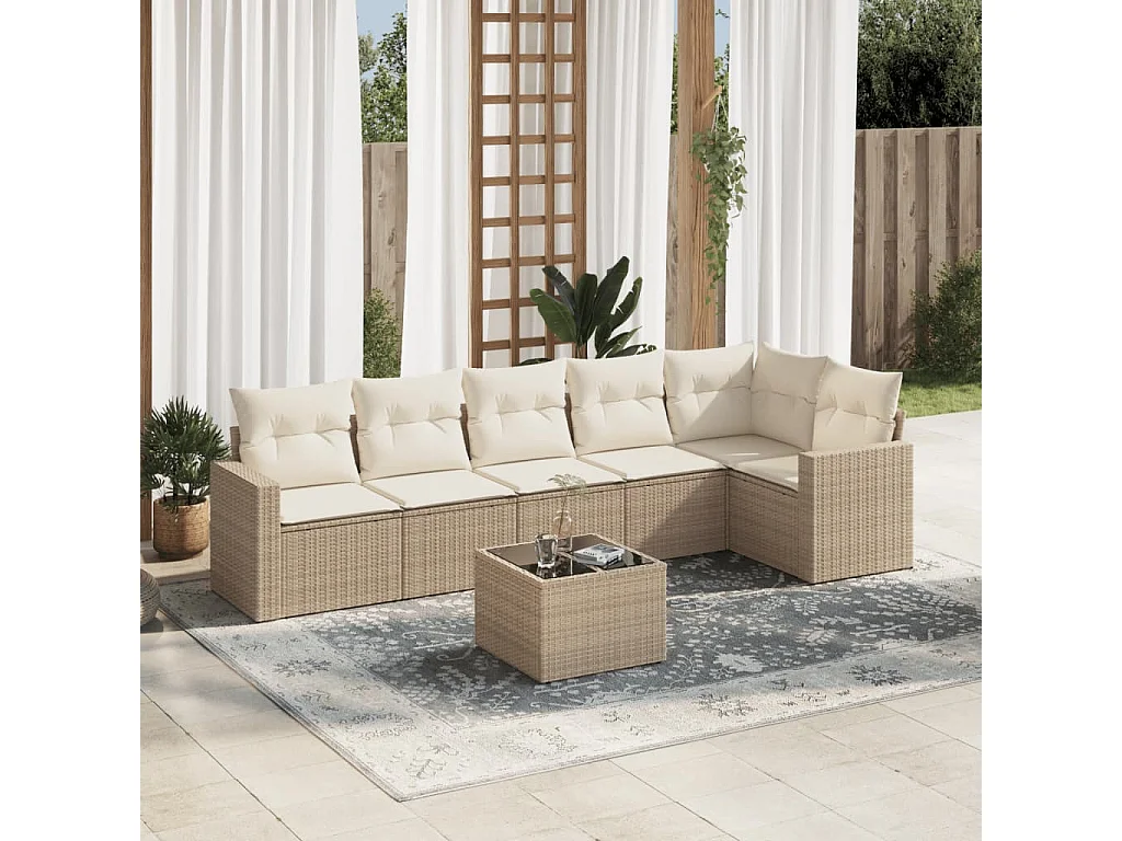 Salon de jardin avec coussins 7 pcs beige résine tressée