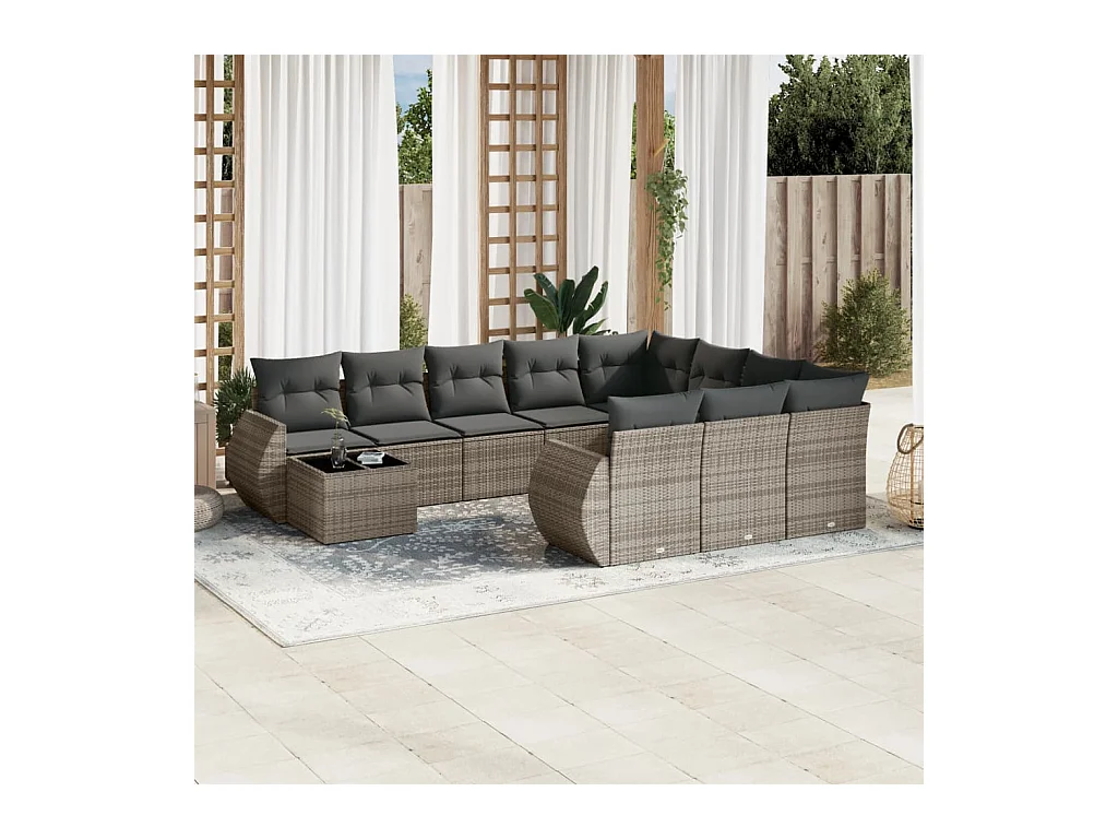 Salon de jardin 11 pcs avec coussins gris résine tressée