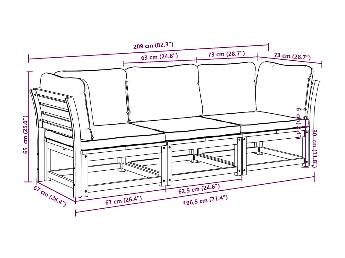 Salon de jardin 3 pcs avec coussins bois massif d'acacia