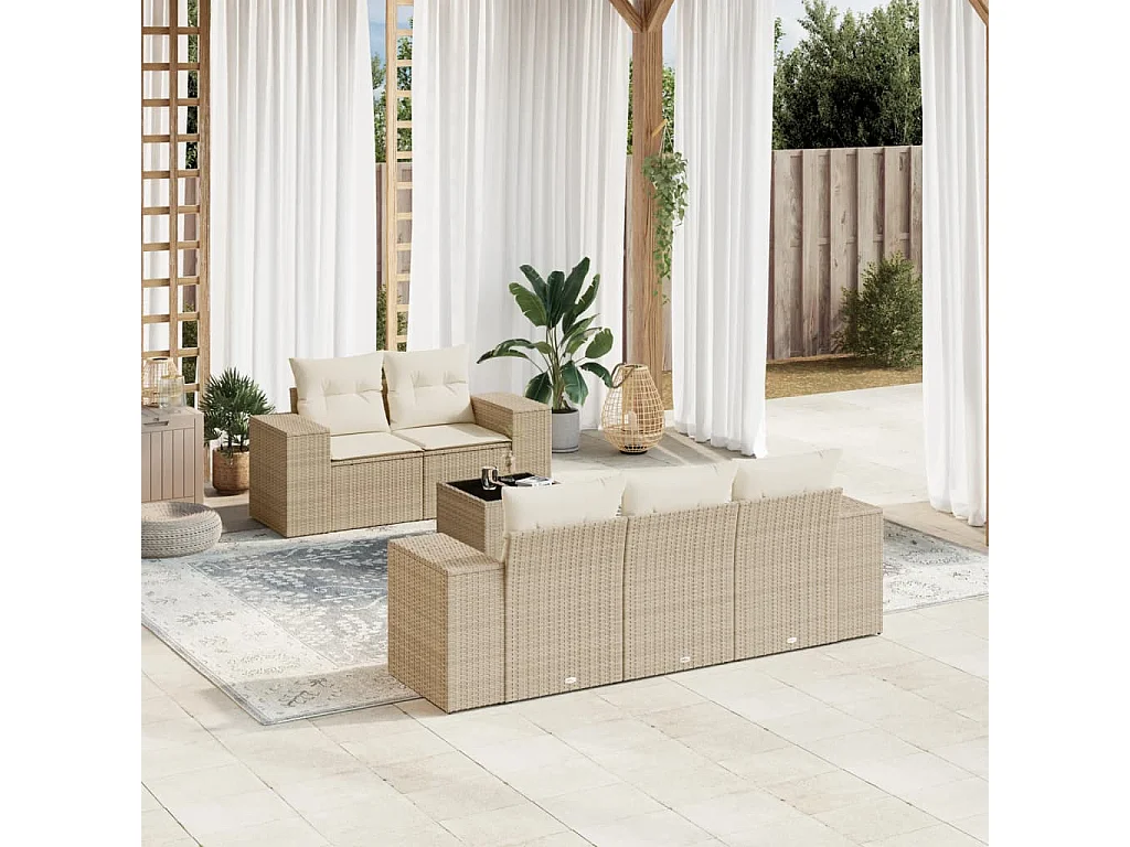 Mobile da giardino con cuscini 6 pz in resina intrecciata beige