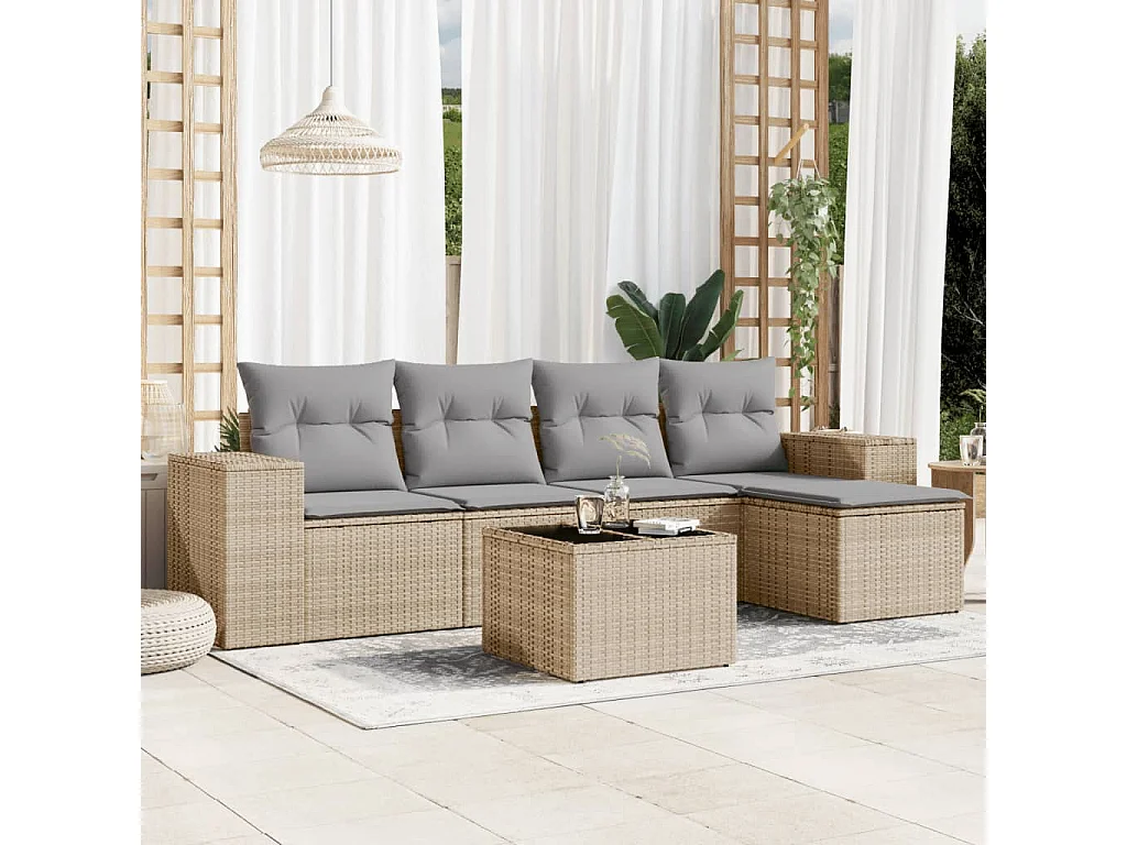 Mobile da giardino con cuscini 6 pz in resina intrecciata beige