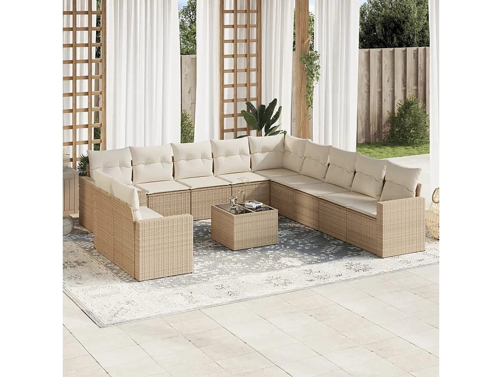 Mobile da giardino con cuscini 12 pz in resina intrecciata beige