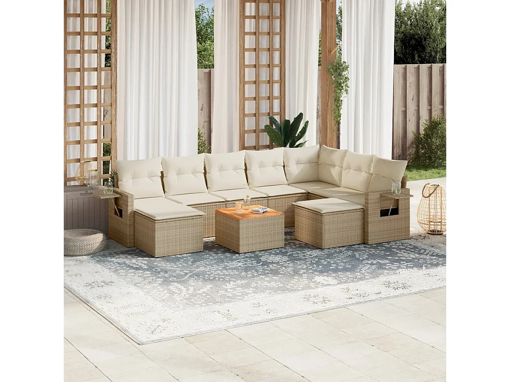 Mobile da giardino con cuscini 10 pz in resina intrecciata beige