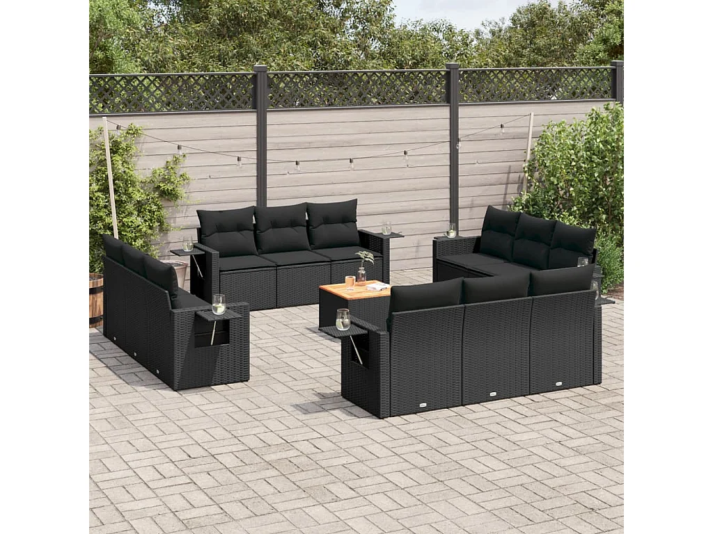 Salon de jardin avec coussins 13 pcs noir résine tressée