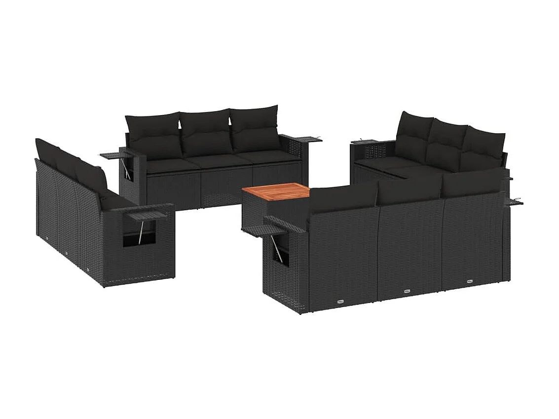 Salon de jardin avec coussins 13 pcs noir résine tressée