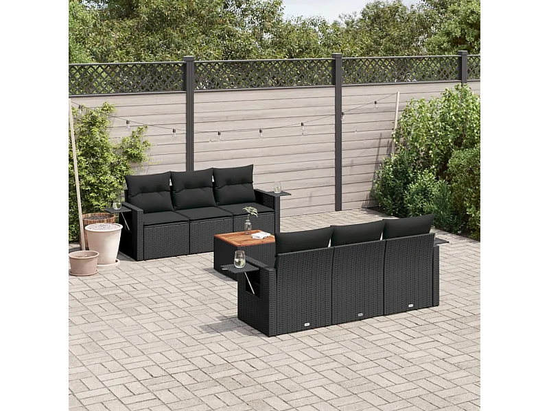 Salon de jardin 7 pcs avec coussins noir résine tressée