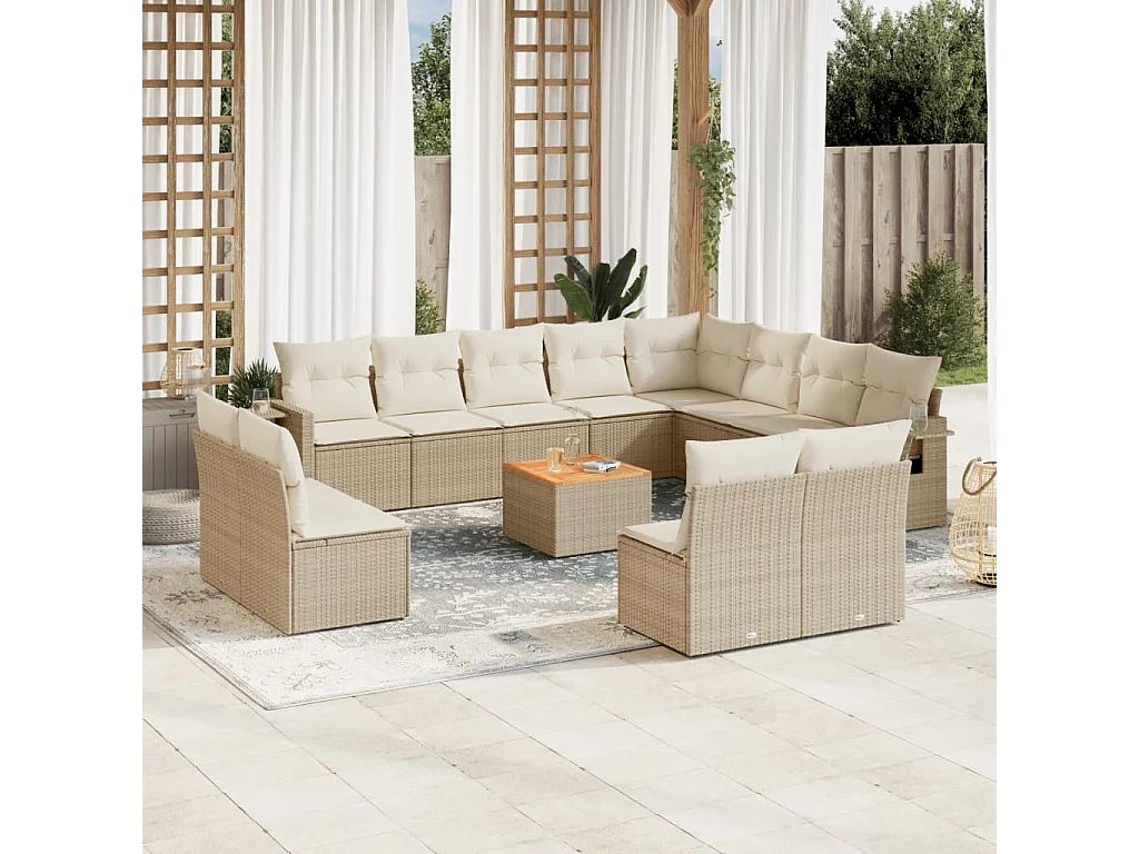 Salon de jardin avec coussins 13 pcs beige résine tressée