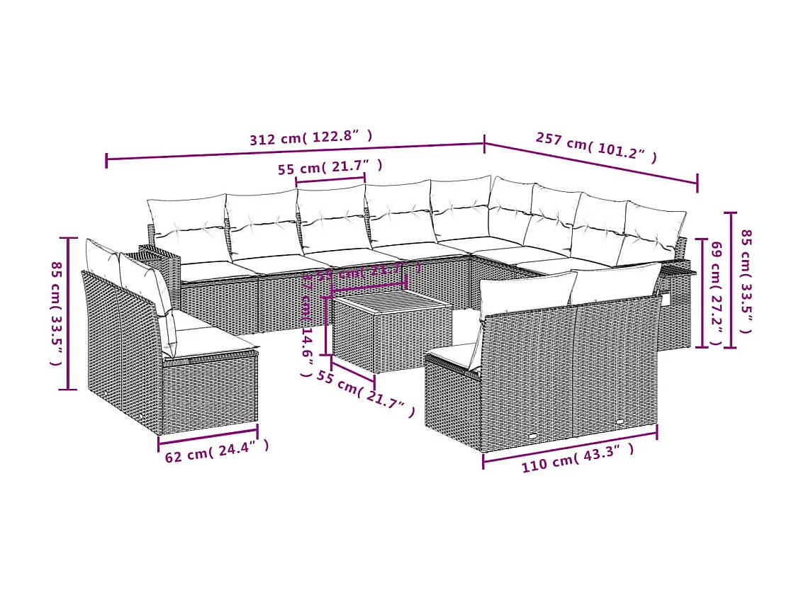 Salon de jardin avec coussins 13 pcs beige résine tressée