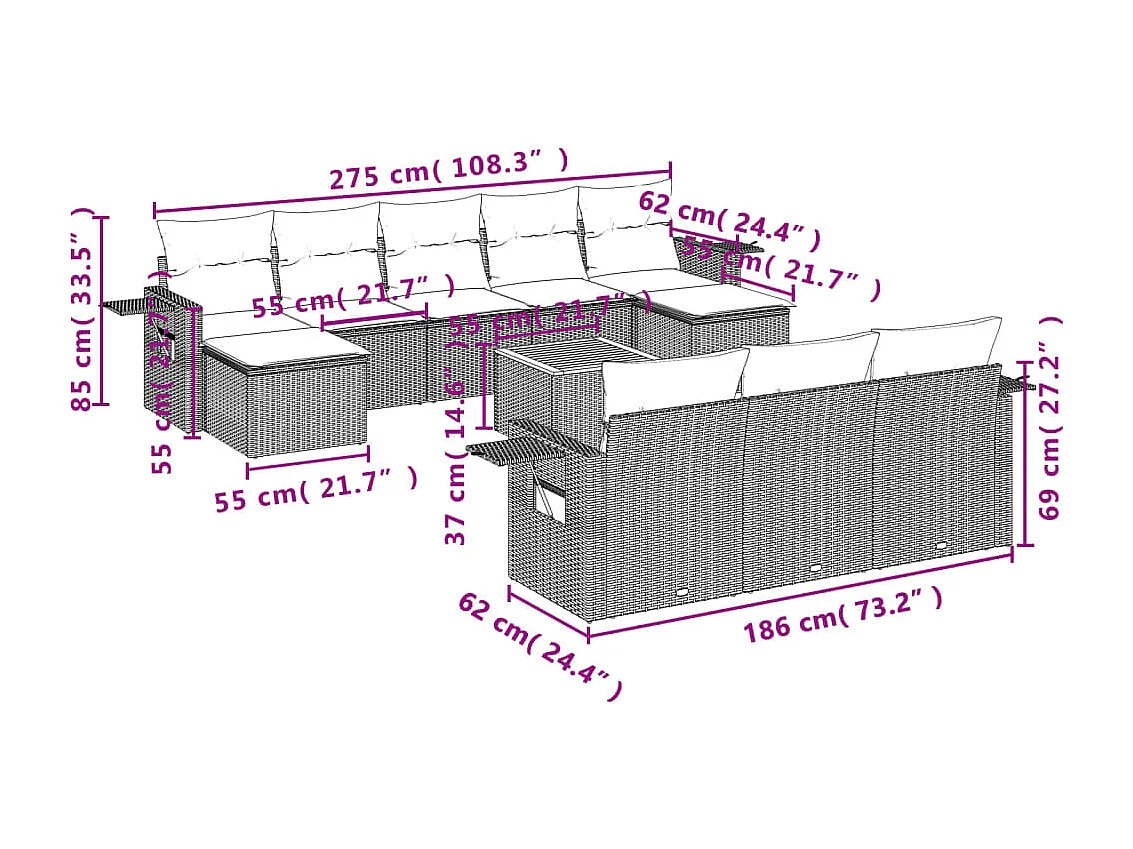 Mobili da giardino 11 pezzi con cuscini in resina intrecciata grigia