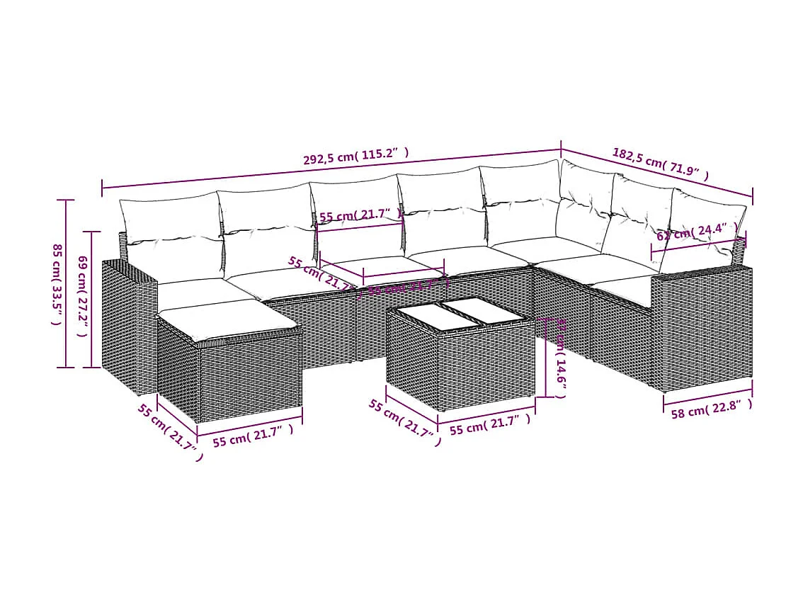 Muebles de jardín con cojines 9 piezas resina tejida beige