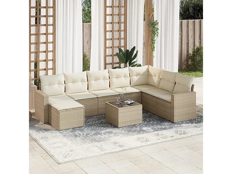 Muebles de jardín con cojines 9 piezas resina tejida beige