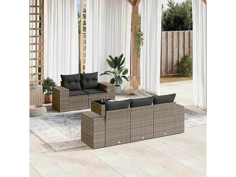 Salon de jardin 6 pcs avec coussins gris résine tressée