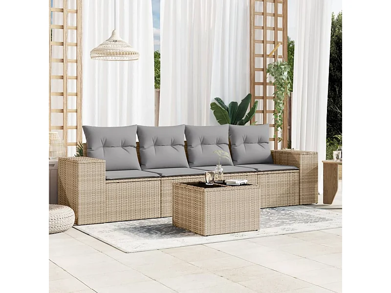 Mobile da giardino con cuscini 5 pz in resina intrecciata beige