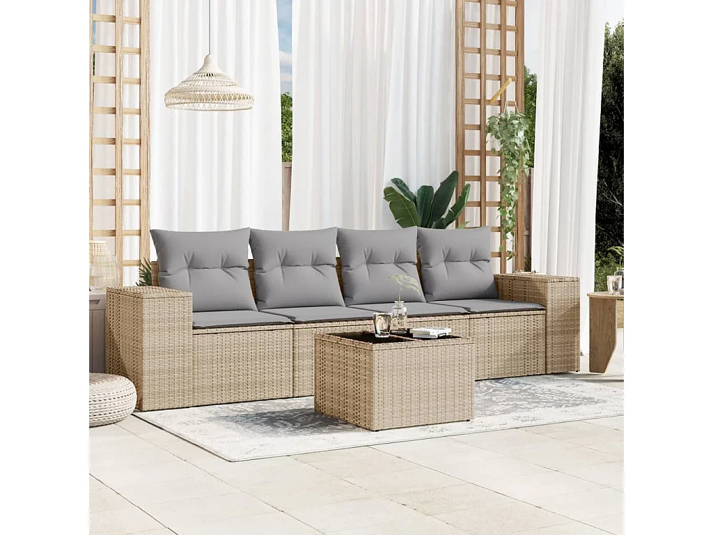 Mobile da giardino con cuscini 5 pz in resina intrecciata beige