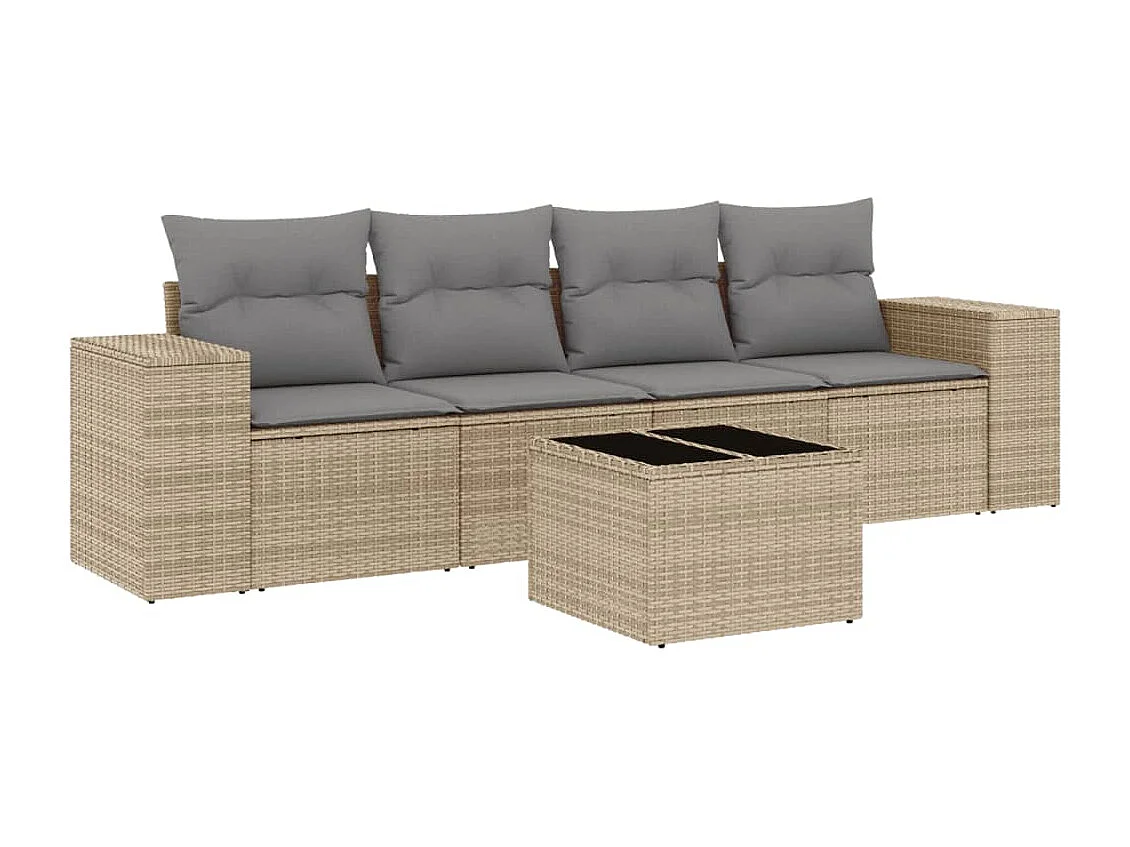 Mobile da giardino con cuscini 5 pz in resina intrecciata beige
